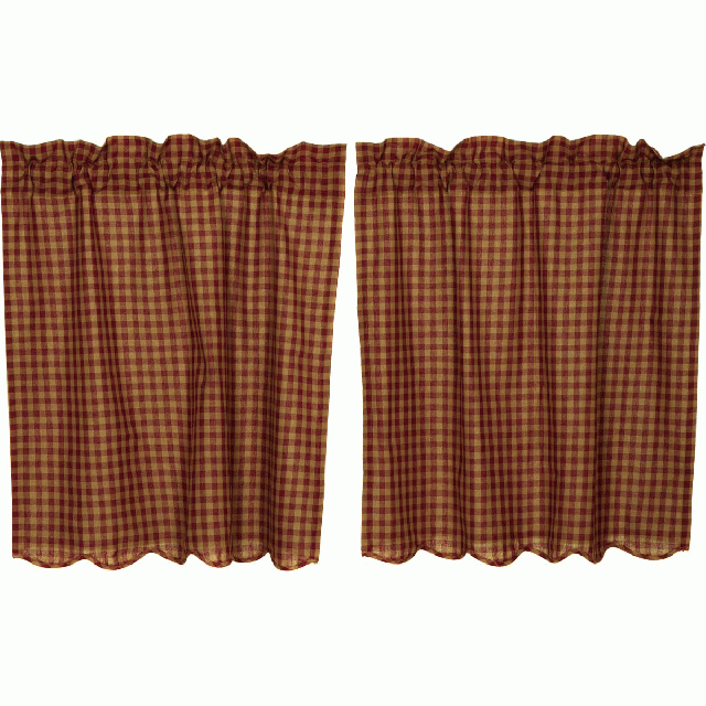 ティアカーテン　Burgundy Check Scalloped Tier Curtain 